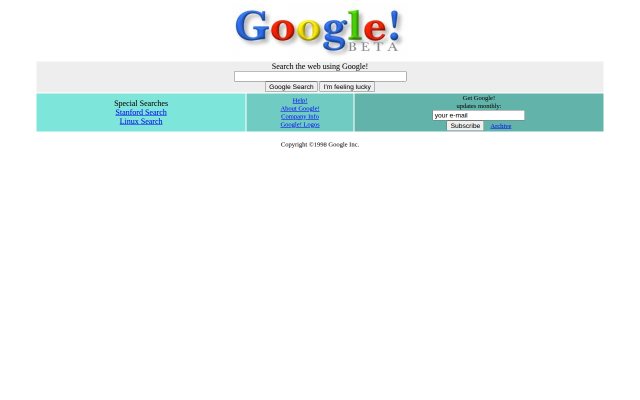 Google Beta homepage captured from Internet Archive in 1998