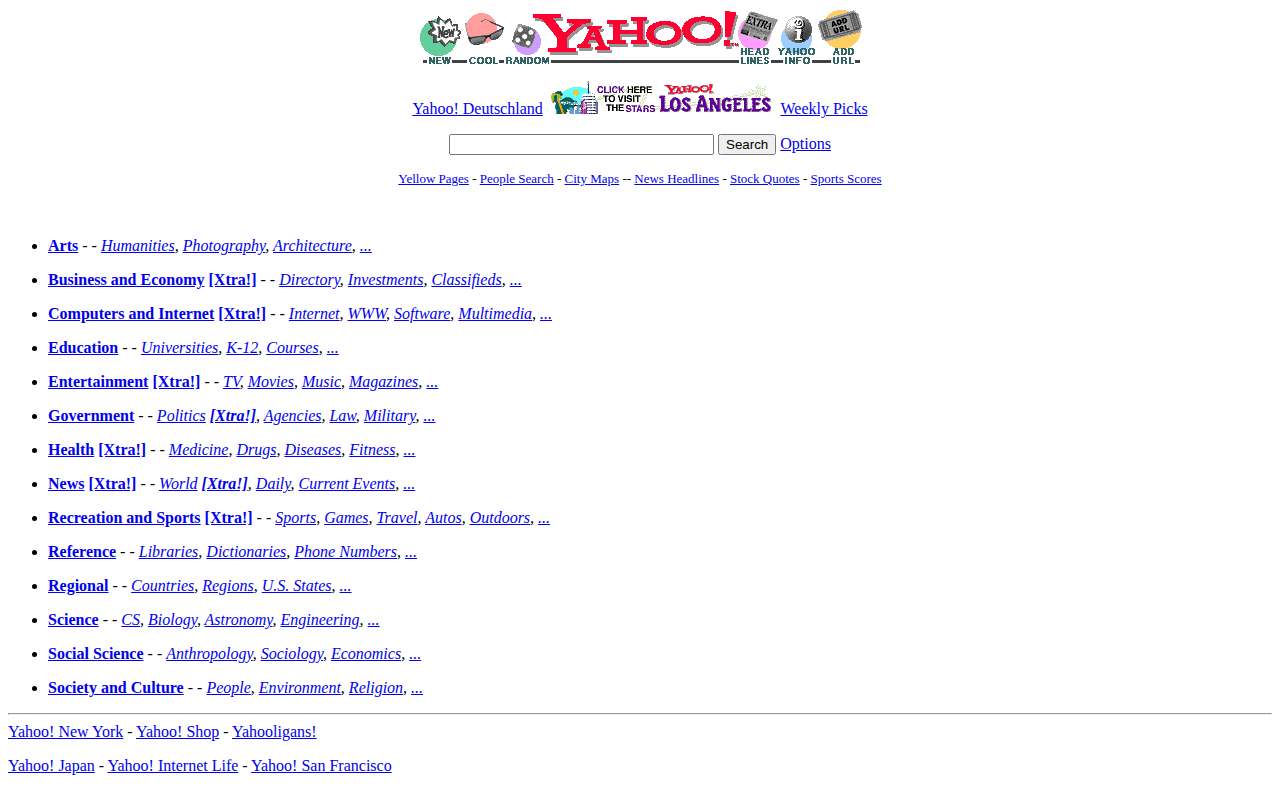 Yahoo directory homepage captured from Internet Archive in 1996
