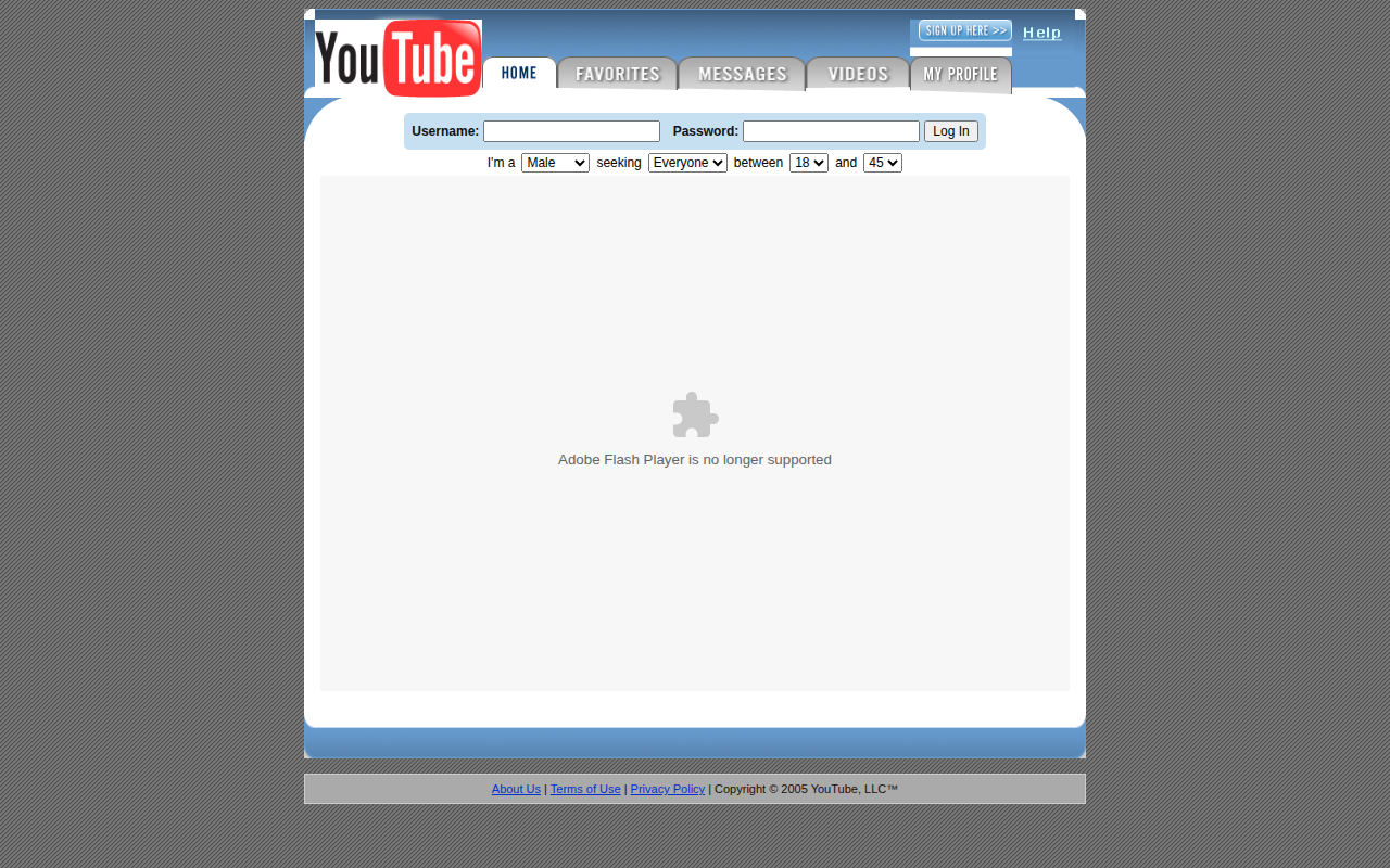 YouTube homepage captured from Internet Archive in 2005