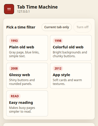 Tab Time Machine popup with five time filters